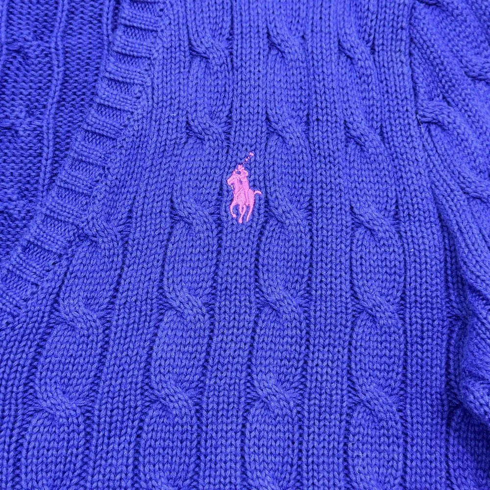 Ralph Lauren Sport Sweater Womens XL Blue Cotton Cable Knit V Neck Pullover